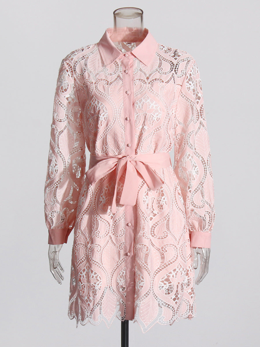French Retro Embroidered Short Dress 2025 Summer New Collar Long Sleeves To Close The Waist Irregular Dress Woman