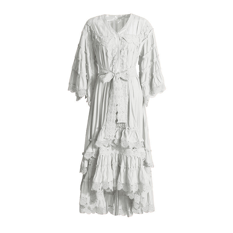 Holiday Dresses In The Wind 2025 Summer New V-Neck Embroidered Button High-Necked Dresses