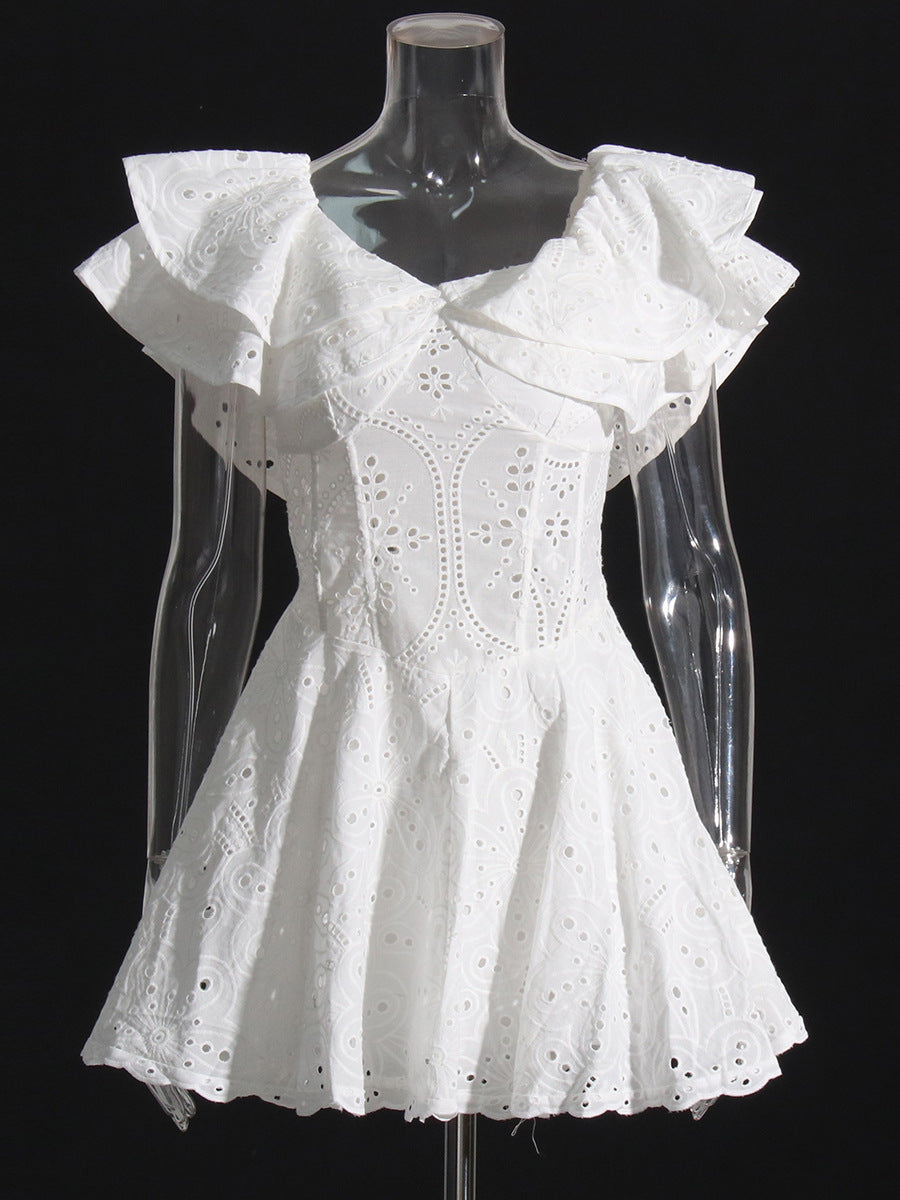 Bohemian Short Dress 2025 Spring New Word Collar Leaves Embroidered Hollow Dress Woman