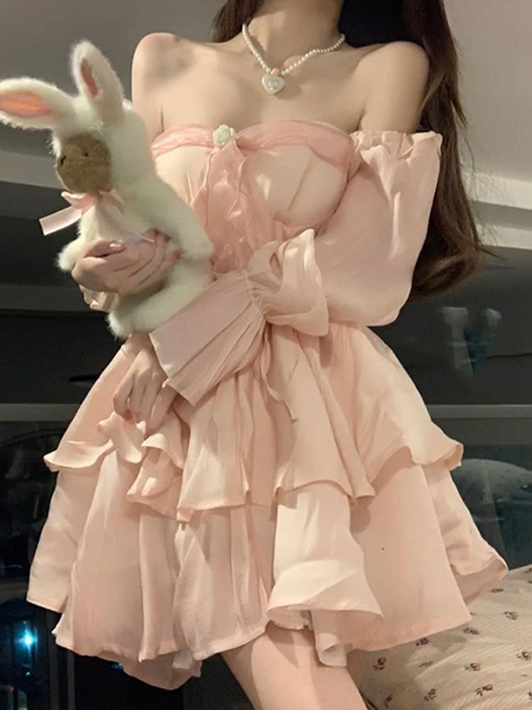 A Line Off The Shoulder Chiffon Pink Short Birthday Dresses Birthday Outfits SD1182