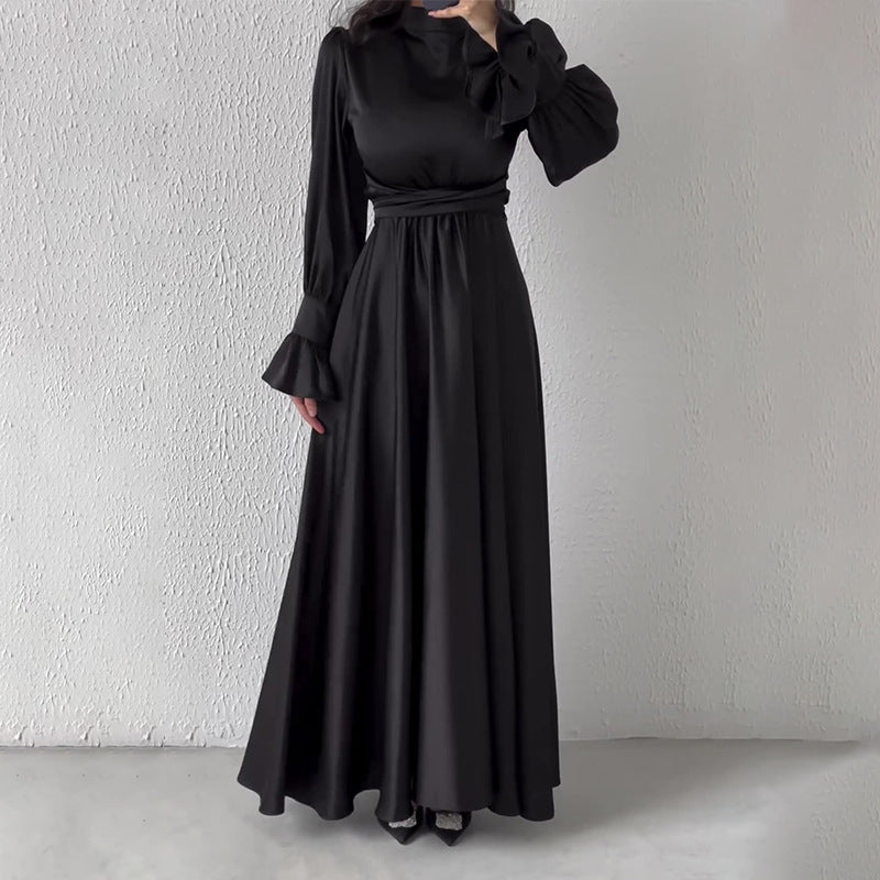 Long-Sleeved Lotus Leaf Cuffed Belt Waist-Repaired Penetted Joint Dress