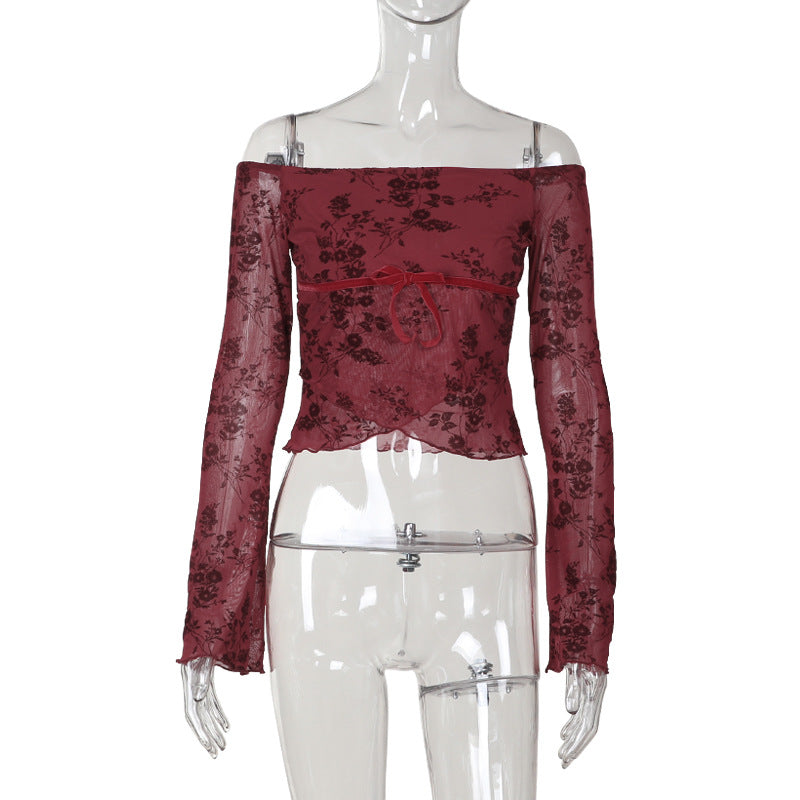 Shoulder Mesh Printing Long-Sleeved Top 2025 Summer New Fashion Hottie T-Shirt Girl DJPT