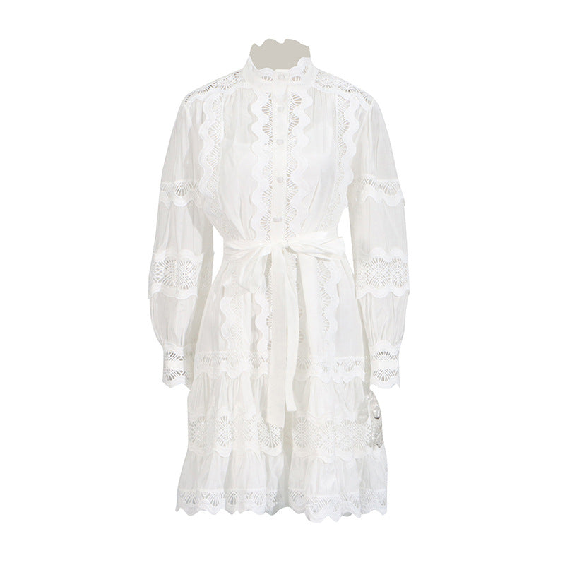 Elegant Court Style 2025 Summer New Collar Lace Embroidery Strap Lotus Side Lantern Sleeve Dress