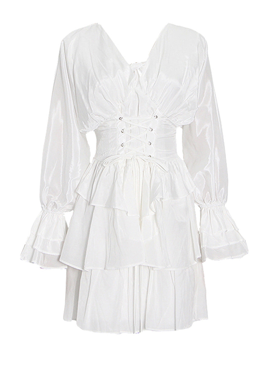 Elegant Fashion Women's Clothing Spring 2025 New V-Shaped Collar Horn Long Sleeve High-Waisted Belt Short Skirt