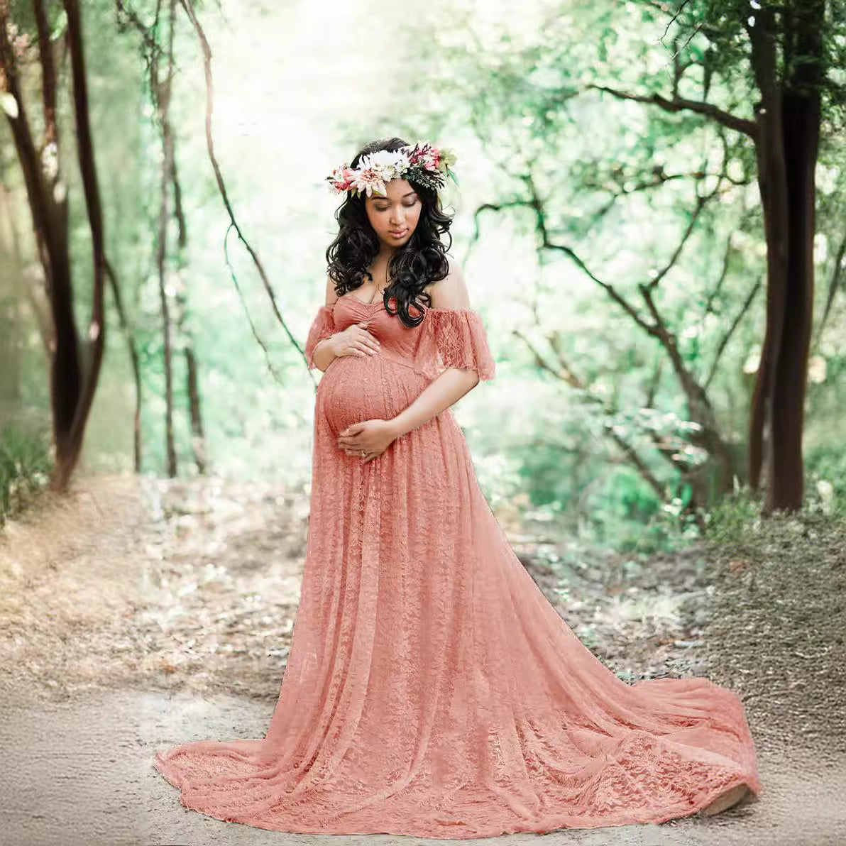 Women's Lace Pregnant Women Tail Short-Sleeved Dress Photography Flying Sleeve Dress 8919 (Special Price) Maternity