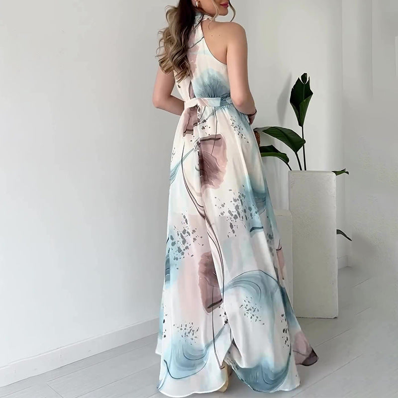 Women's Summer Hanging Neck High Waist Repair Sexy Graffiti Lace Open Dress