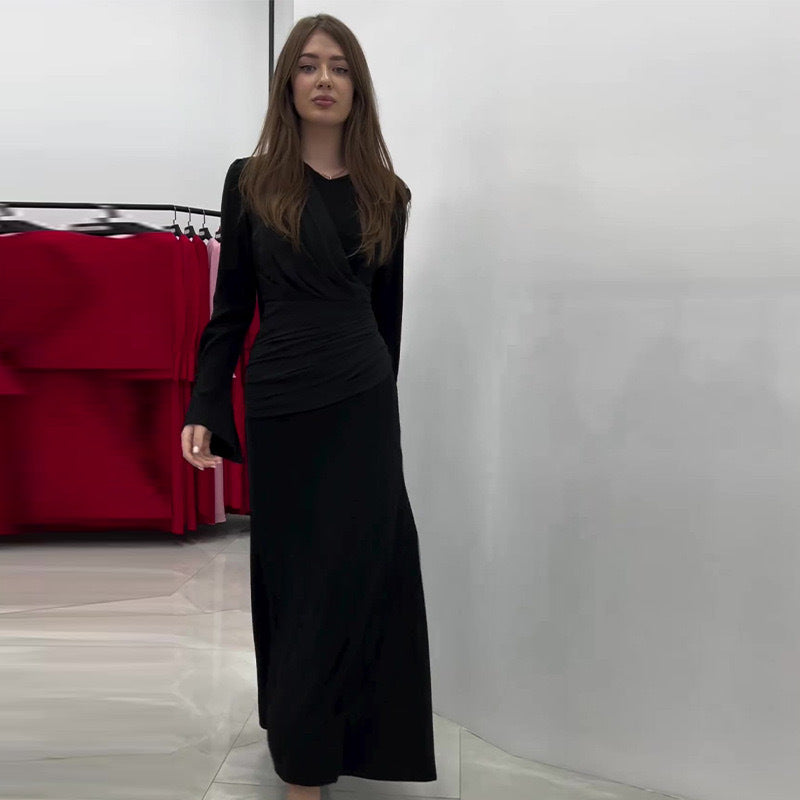 Temperament Micro-Trumpet Folded Cross Superimposed Tying Belt Girded Waist Dressing Spliced High-Waisted Dress