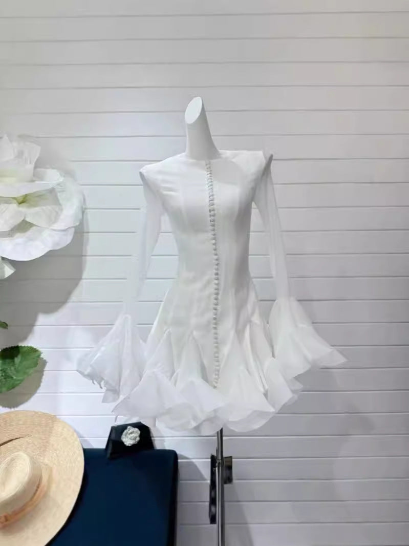 A-Word Puffed Dress Vietnamese Niche Autumn Collared Horn Sleeves Single-Clip-Enveheded Butbum Skirt Skirt