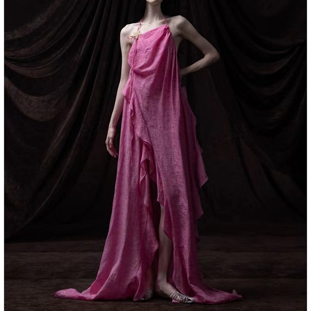 New Lotus Leaf Side Collar Hanging Neck-Loan Dress Seaside Holiday Atmosphere Dress