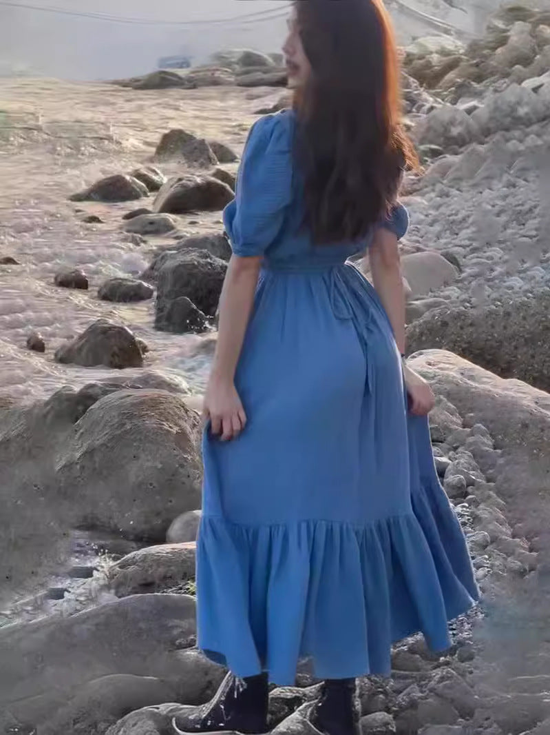 Women's New French Tea Rests On The Beautiful Solid Color Waist Temperament Long Skirt