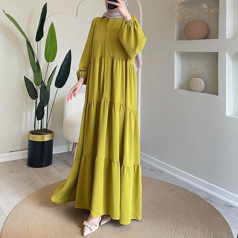 Women's Autumn Round-Neck Long-Sleeved Single Buckle High-Waisted Splicing Dress