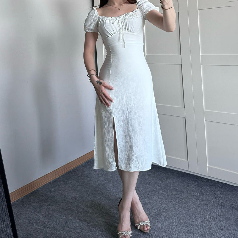 Women's Summer Collar Bubble Sleeve With High Waist Repair Fork Sexy Long Dress