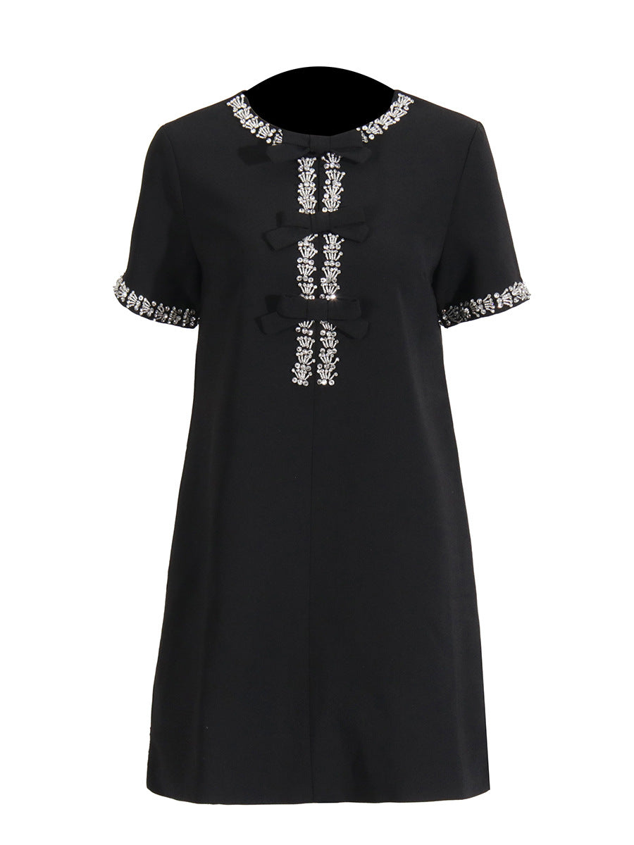 Diamond Drill Skirt 2025 Summer New Round Neck Short Sleeves Solid Color Waist Dress Dress Woman