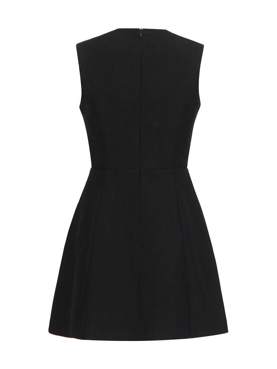 Elegant Wind Vest Dress 2025 Summer New Round Neck Nail Diamond Flowers Solid Color Short Dress Dress Woman