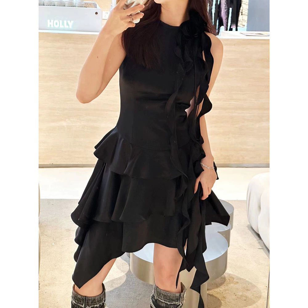 New Sexy Lotus Side Flowers Hanging Neck Skirt Atmosphere Feel Flowing Sleeveless Short Dress
