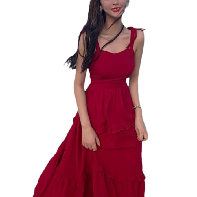 Holiday Red Sling Dress Women's Summer 2025 New Super Fairy Dress Sanya Travel Suitable For Beach Skirt