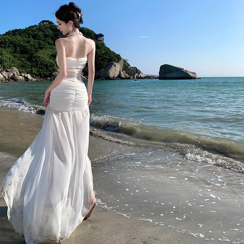 Holiday Style Sexy Perspective Chiffon Flower Bra Dress Female Design Sense Of Body Quality Dress