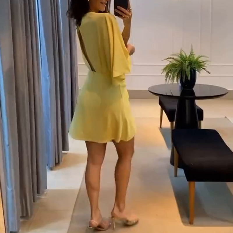 Summer New Women's Fashion V-Neck Simple Irregular Dress