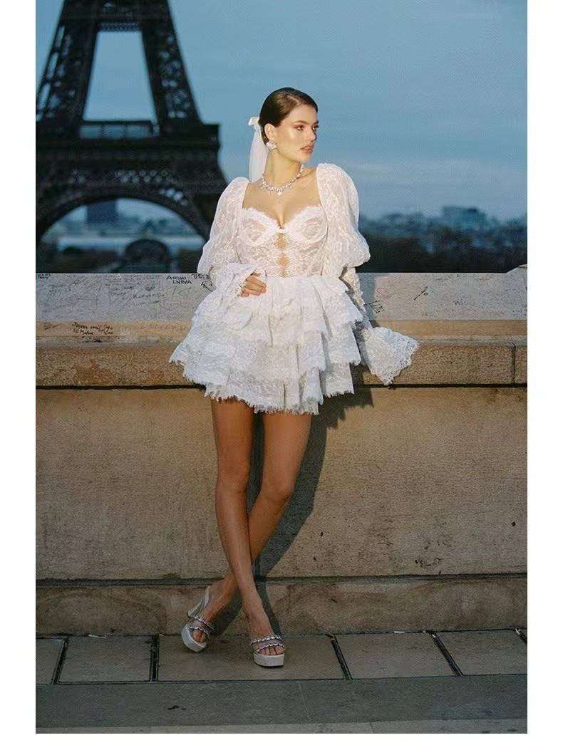 Summer New French Design Hollow Short Romantic Lace Splicing Princess Dress