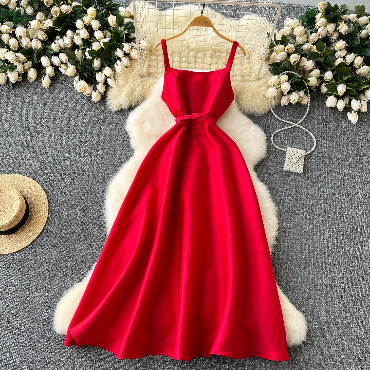 A line Straps Red Holiday Dresses Midi Length Women's Dress SD1271
