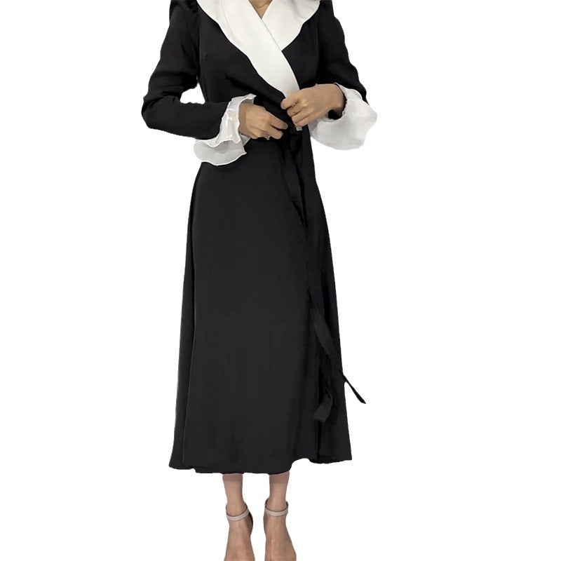 Cross Lotus Collar Temperament Black And White Bumpy Leaf Sleeve Umbrella Dress Dress Dress Dress