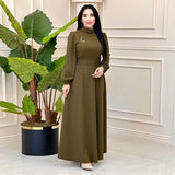 Muslim Solid-Colored Belt-Lending Dress Woman In Autumn 2024