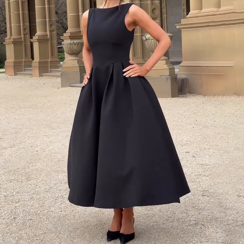 Women's Hepburn Style Solid Round-Neck Sleeveless Dress In Autumn 2024