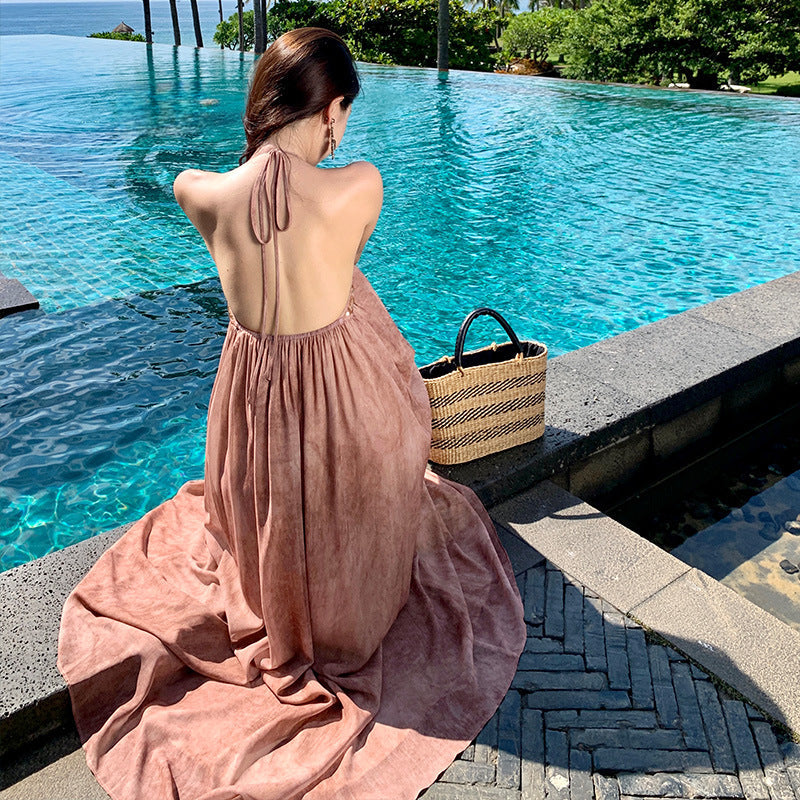 Beach Dress Chiffon Print Tie Stitched With Brighten Dress Hanging Neck Tie With Bareback Holiday Dress