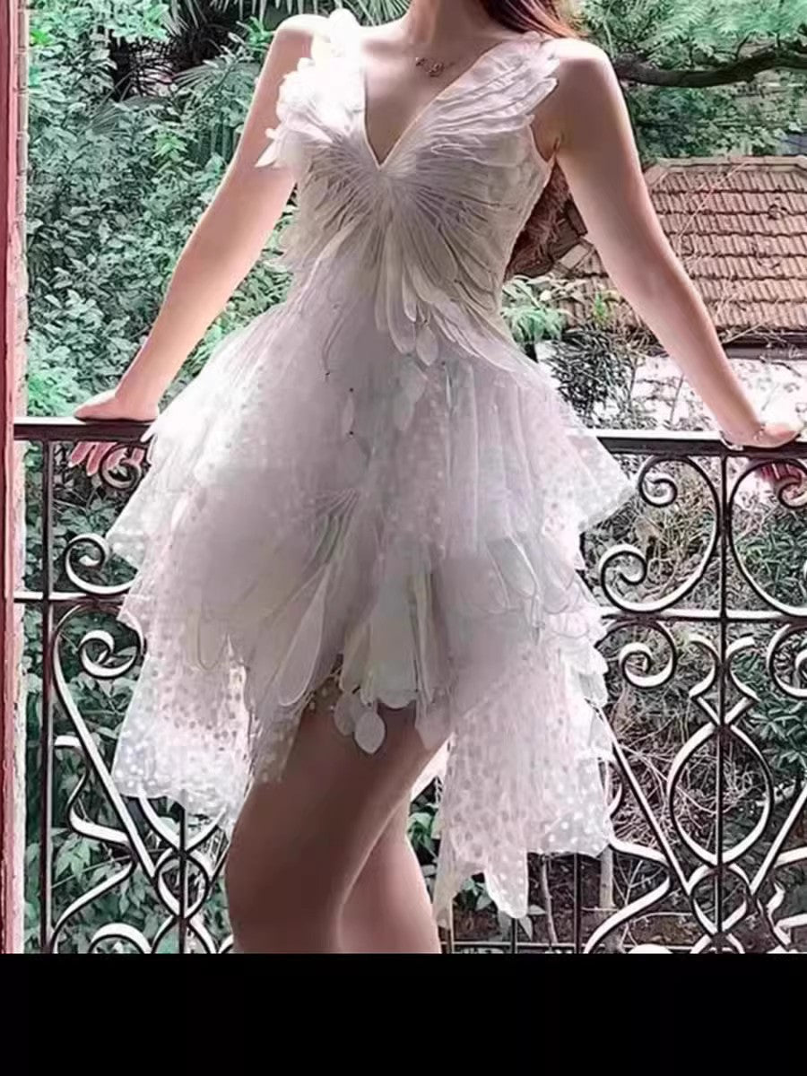 2025 White Feathers Hollow V-Necked Dress 9009
