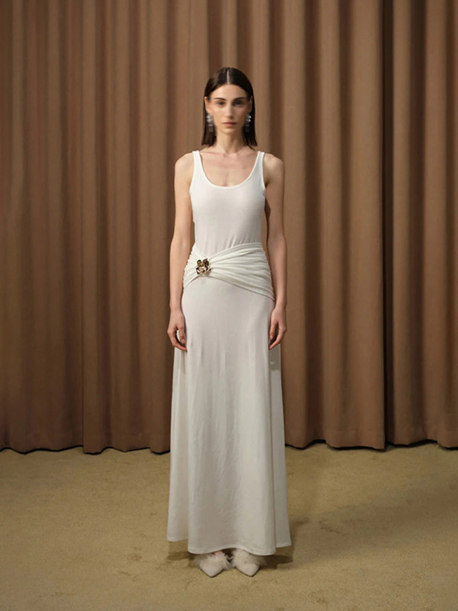 Party Solid Dress Dress 2025 Summer New Sling Folded Metal Buckle Splicing Dress