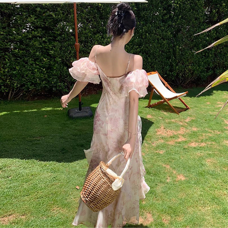 Bubble Sleeve Chiffon Flower Hanging Dress Women Summer Seaside Holiday Super Fairy Long Dress