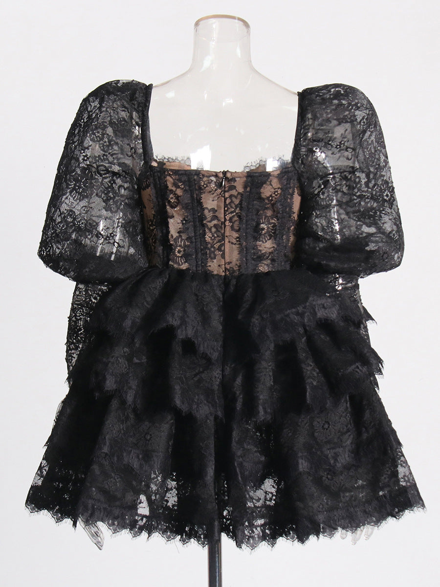 Version Of The Women's Group Wind 2025 Summer New Heavy Industry Bubble Sleeves Embroidered With Leaves Side Short Women's Dress