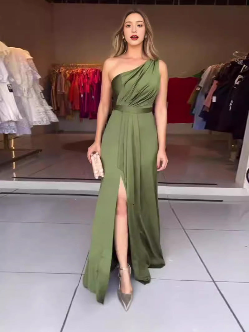 Summer Women's New Fashion Sexy Slanted Shoulder Solid Color Open Fork Dress