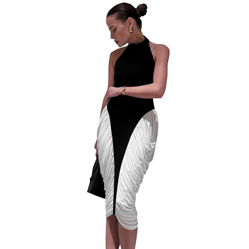 Women Decorate Sleeveless Hanging Neck Side Fall Mid-Dress Dress DJPT