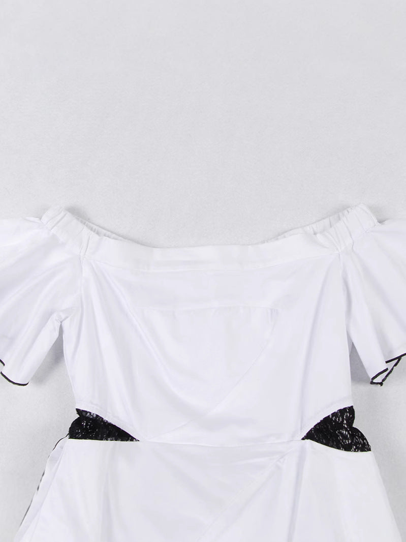 Temperament Dress Women's Dress 2025 Spring New Word-Collar Irregular Lace Splicing Beautiful White Dress