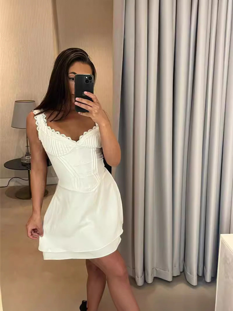Pure Desire V-Neck Lace Sling Skirt Sexy Bare Back To Show Skinny Little White Skirt A Short Skirt