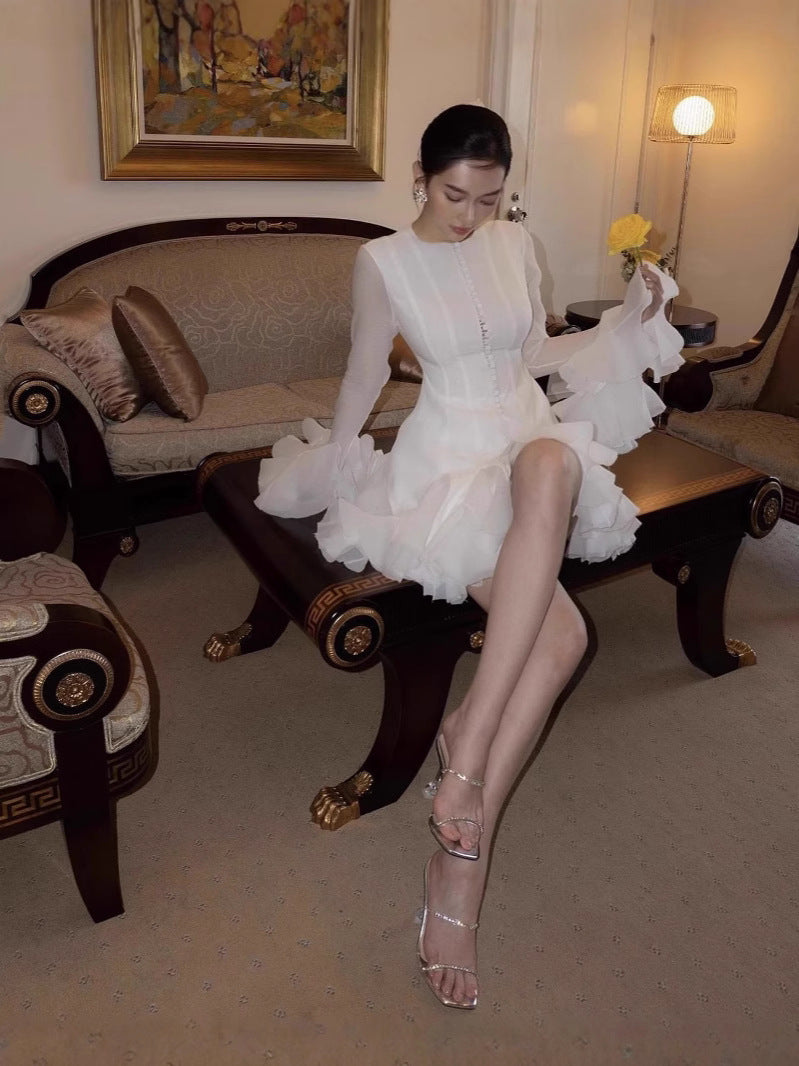 2025 Long-Sleeved Dating Dress Lotus Edge Cut Dress White Short Dress