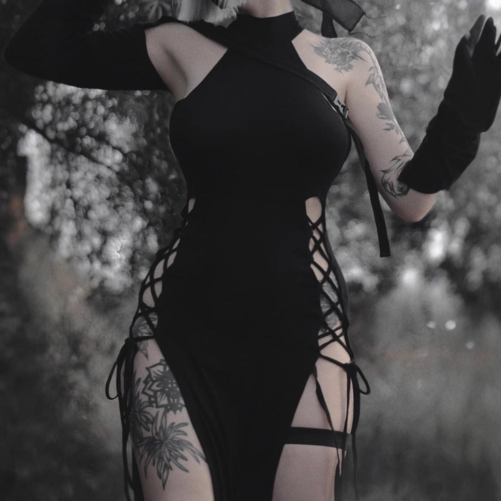 Summer New Hottie Black Dress Sexy Hanging Neck Hollow Double Open Fork Dress Woman DJPT