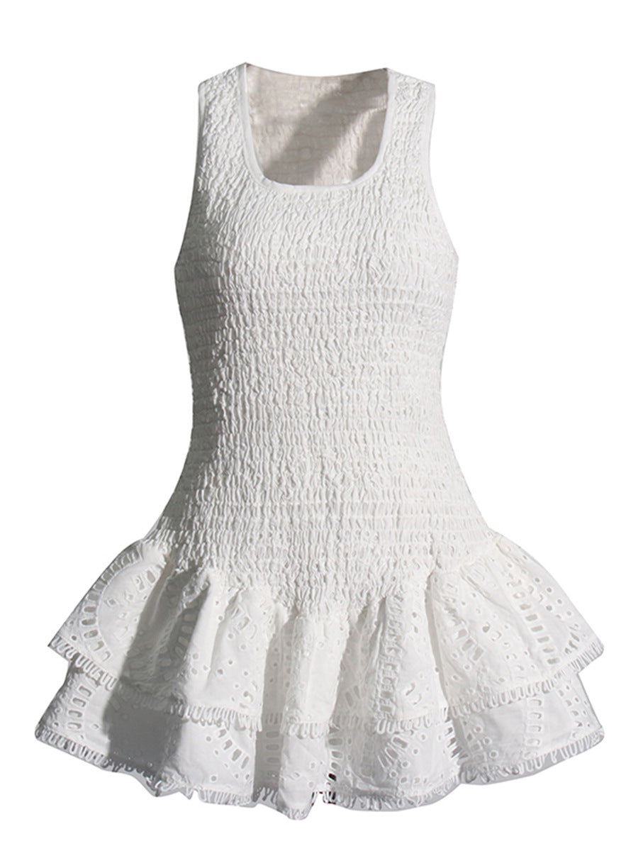 Summer Holiday Wind New U-Shaped Tie Design Super Short Lotus Edge Dress Woman