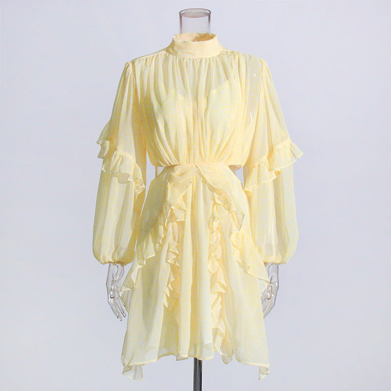 Retro Style 2025 Summer New Mesh Collar Long Sleeves Wood Ear Design Lumbar Short Dress Woman
