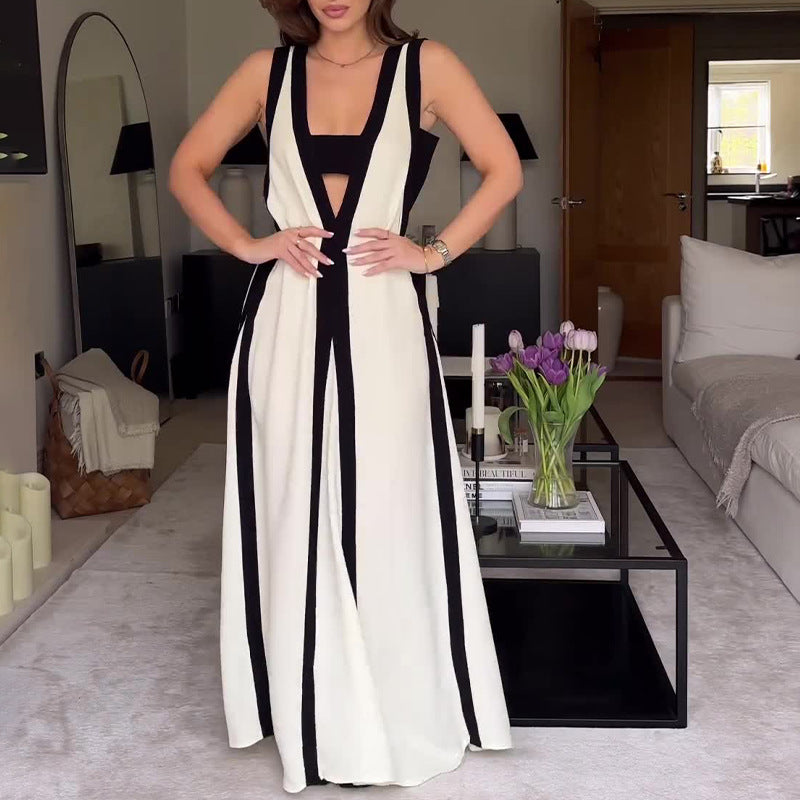Women's Summer Sexy V-Neck Wide Shoulder Collsion Casual Dress