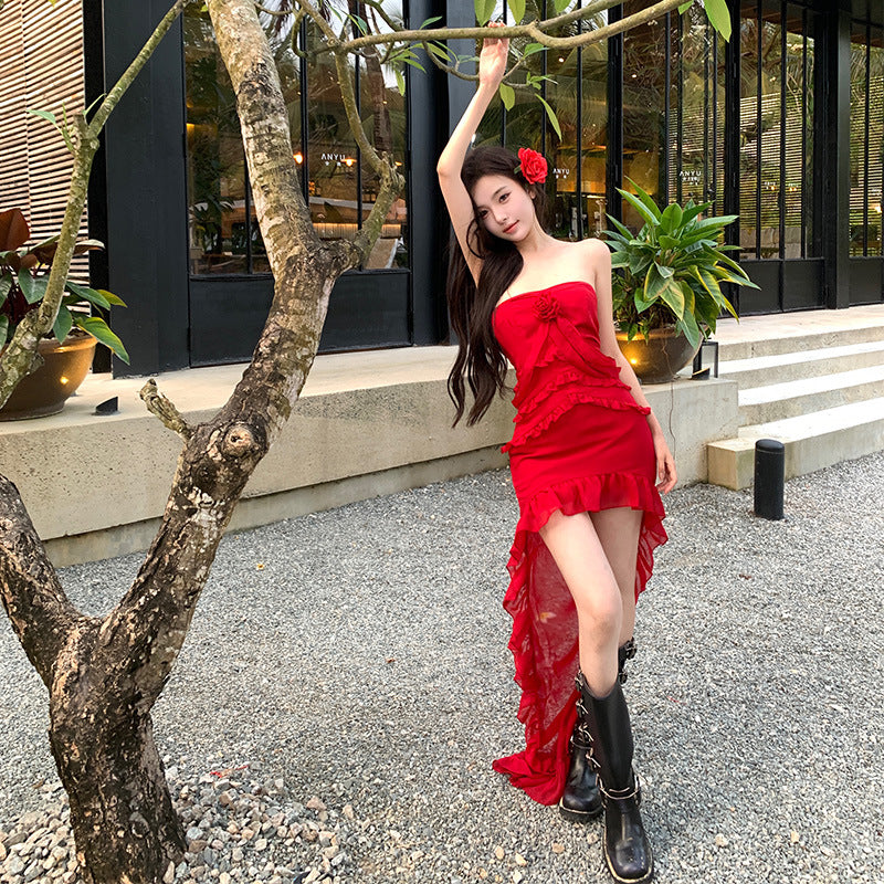 Sexy Pure Lust Wind Heavy Industry Lotus Side Drag Tail Irregular Braid Dress Holiday Red Chiffon Dress