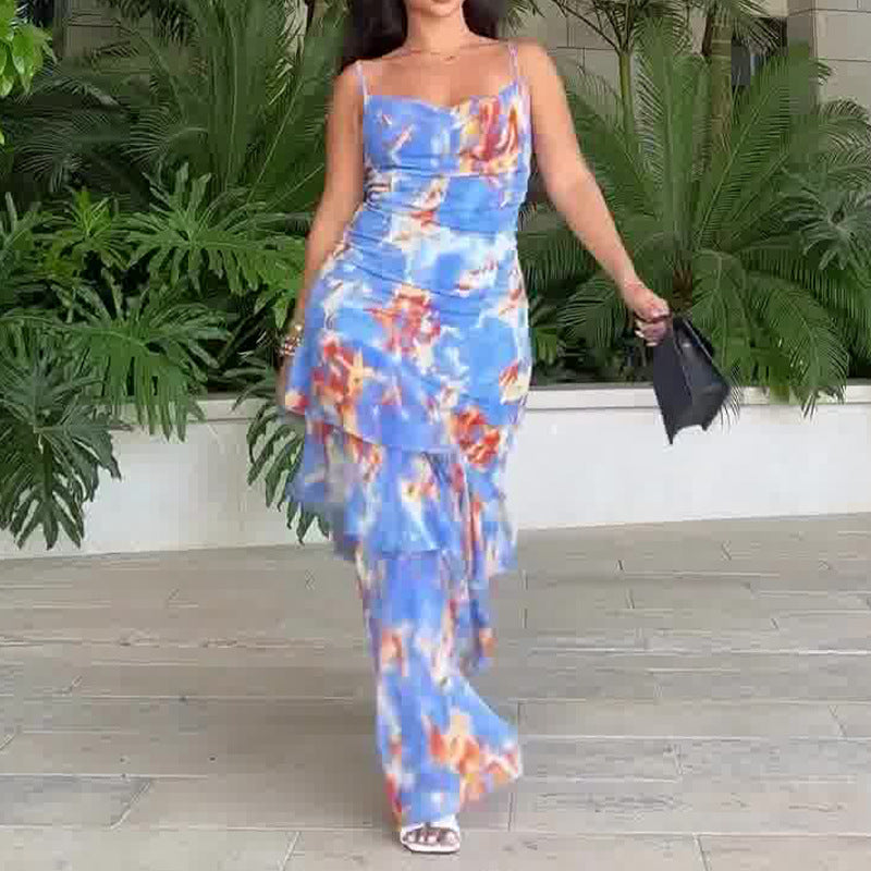 Women's Summer Sling V Tie Floral Skirt High Waist Slim Thin Lotus Leaf Dress