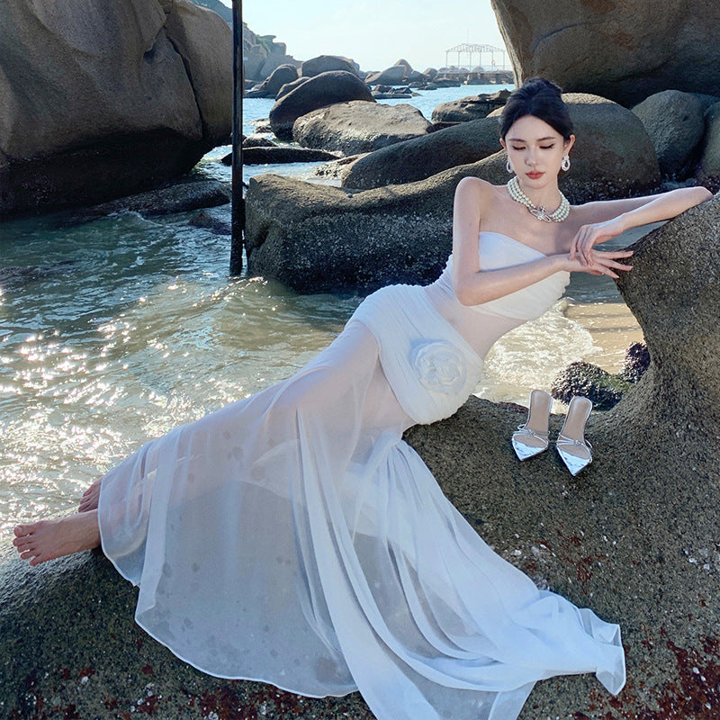 Holiday Style Sexy Perspective Chiffon Flower Bra Dress Female Design Sense Of Body Quality Dress