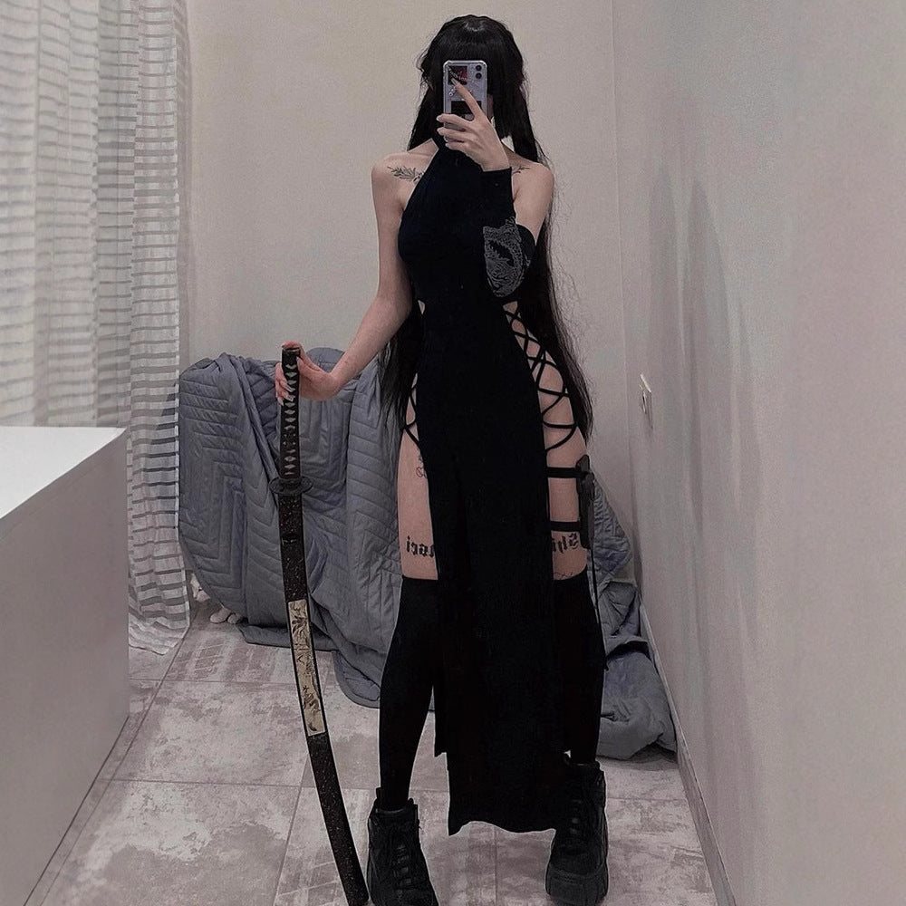 Summer New Hottie Black Dress Sexy Hanging Neck Hollow Double Open Fork Dress Woman DJPT