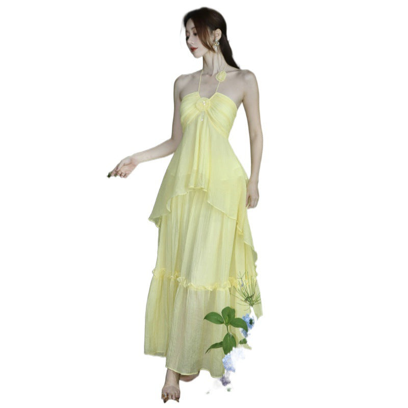 New Design High-Grade Tea Break French Gentle Wind Seaside Holiday Yellow Hanging Neck Dress