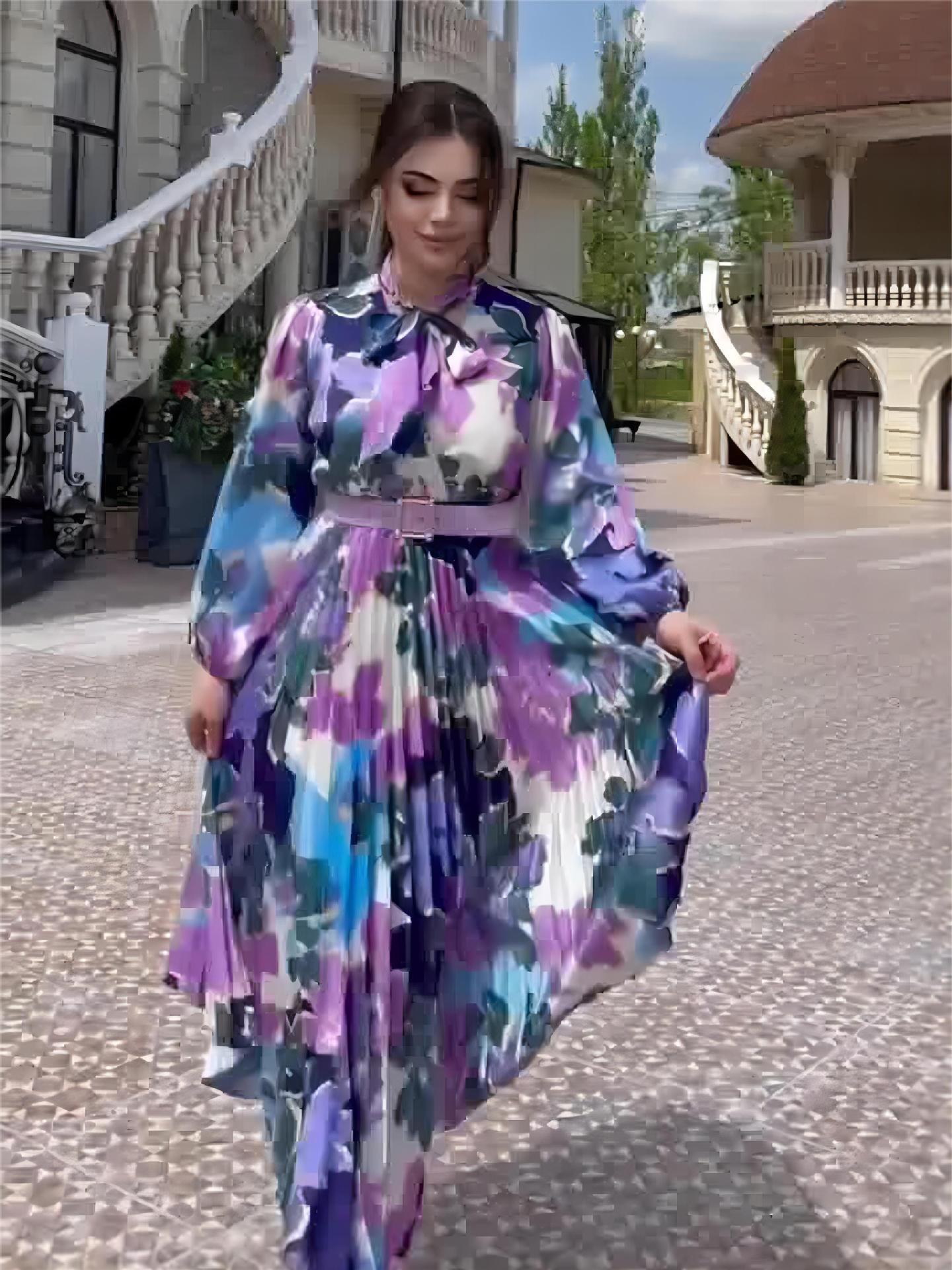 2024 Spring New Scarf Temperament Bubble Sleeves To Close The Waist Design Dress