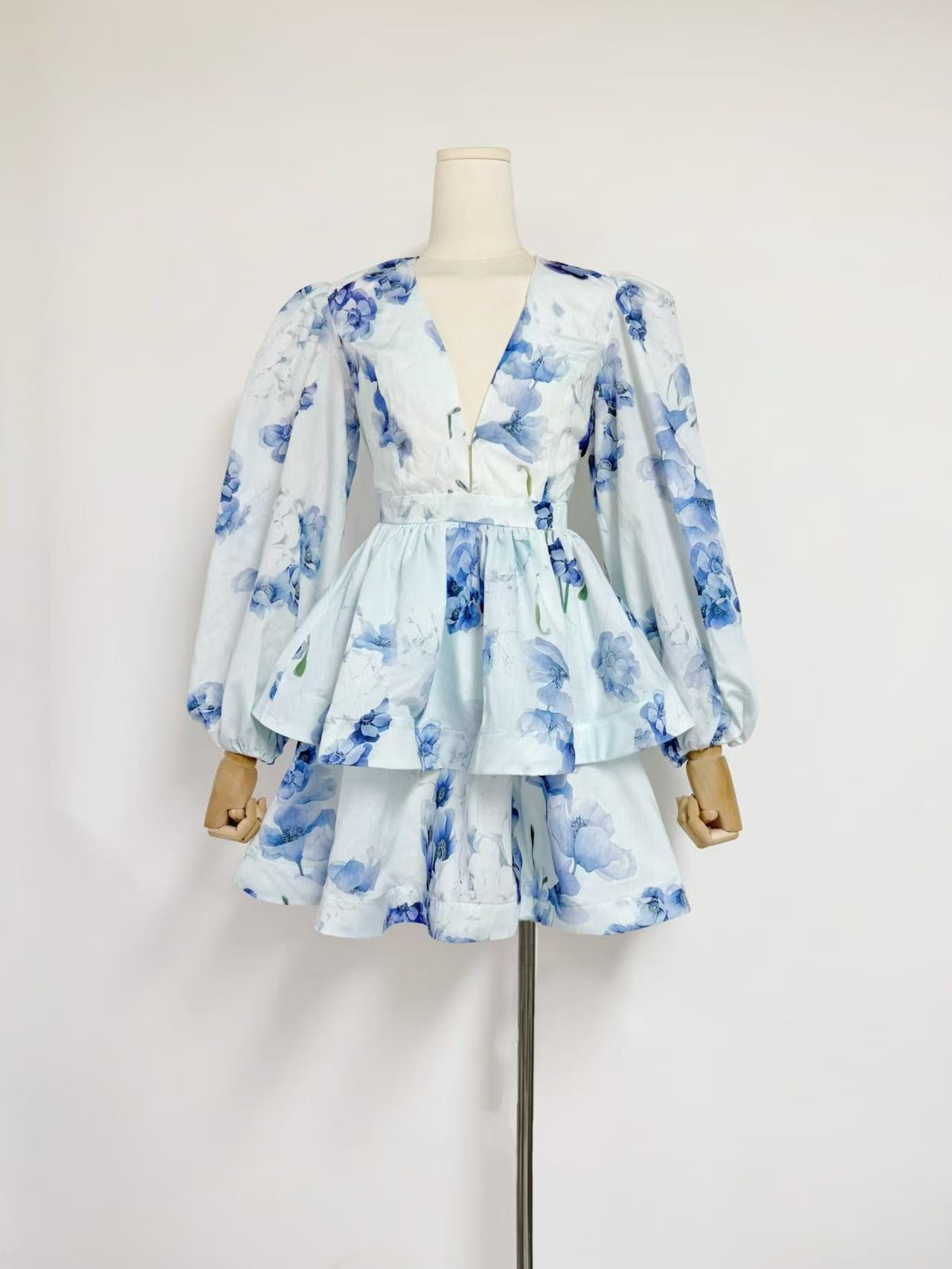 New 2024 Women's Clothing V-Neck Lantern Sleeve Print Short Dress Women