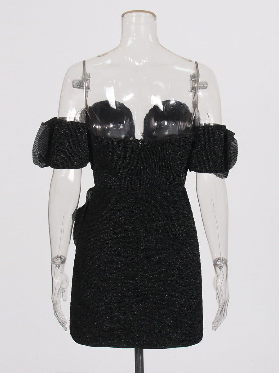 Folded Shoulder Three-Dimensional Flowers Splicing Short-Term Waist Small Dress 2025 Summer New Dress Woman