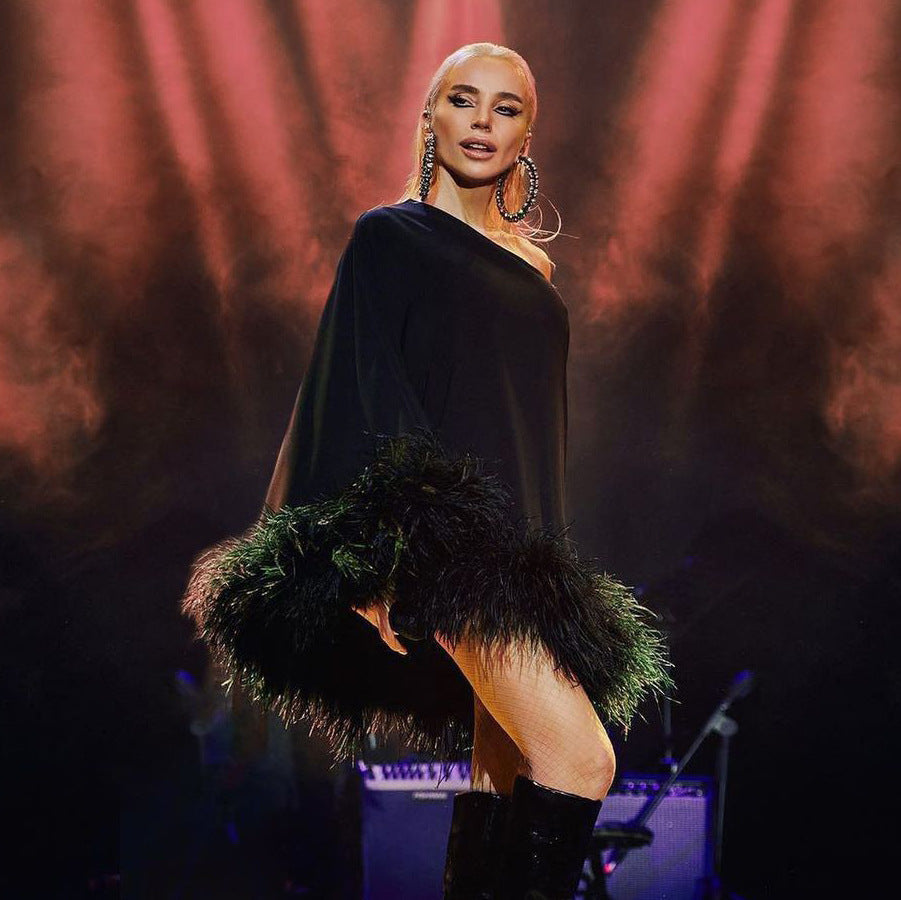 Sexy One-Shoulder Hair Hem Cape Dress Party Short Body-Body-Brow Dress Dress Girl DJPT